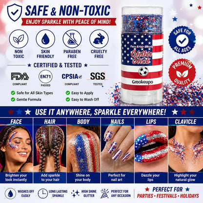 🎁🦅4th of July Glitter Stick✨🔔3-in-1 Patriotic Glow😍✨Red, White & Blue Glitter Body Stick-HS