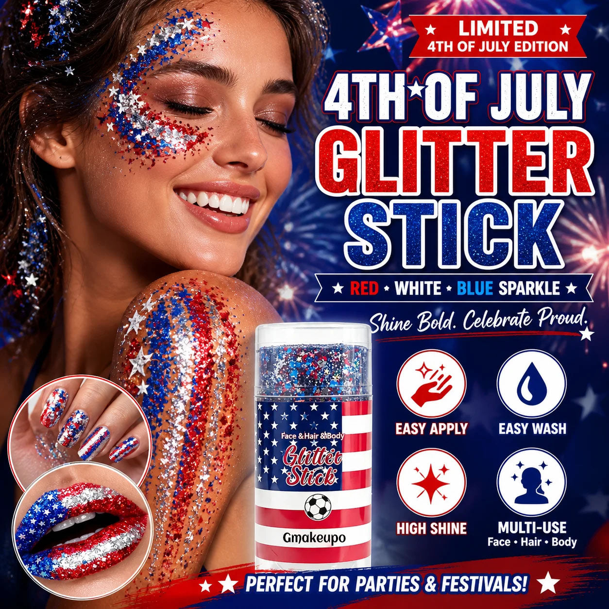 🎁🦅4th of July Glitter Stick✨🔔3-in-1 Patriotic Glow😍✨Red, White & Blue Glitter Body Stick-HS