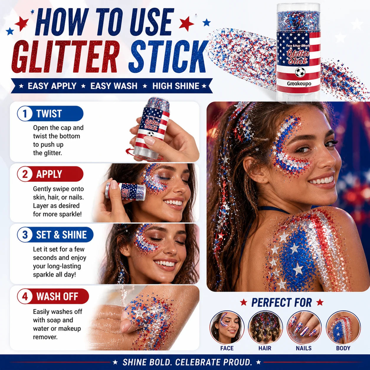 🎁🦅4th of July Glitter Stick✨🔔3-in-1 Patriotic Glow😍✨Red, White & Blue Glitter Body Stick-HS