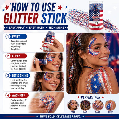 🎁🦅4th of July Glitter Stick✨🔔3-in-1 Patriotic Glow😍✨Red, White & Blue Glitter Body Stick-HS