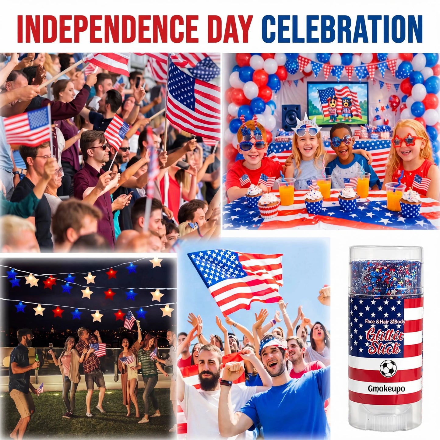 🎁🦅4th of July Glitter Stick✨🔔3-in-1 Patriotic Glow😍✨Red, White & Blue Glitter Body Stick-HS