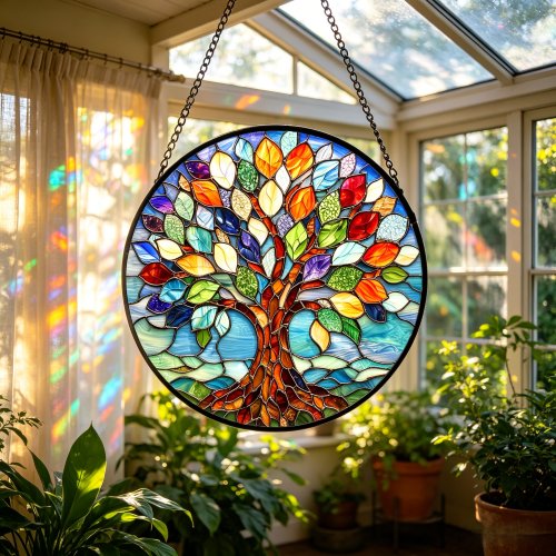 Atrapasueños de Vidrio Tintado Árbol de la Vida - Adorno Colgante de Ventana Colorido, Decoración del Hogar Hecha a Mano y Regalo Espiritual Único para Todas las Ocasiones-HS