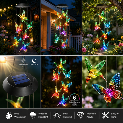 Butterfly & Sunbird Solar Wind Chime Light – Waterproof Outdoor Decor for Porch, Patio & Windowsill with Rainbow LED Glow-HS