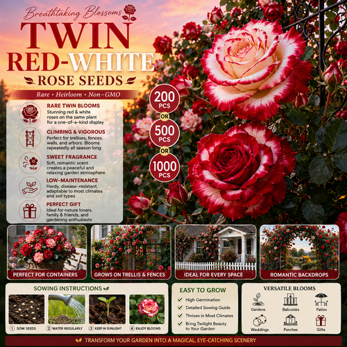 🌹 200/1000Pcs Rare Red White Twin Rose Seeds, Non-GMO heirloom, beautiful garden blooms, easy to grow and perfect for gardening gifts.-HS