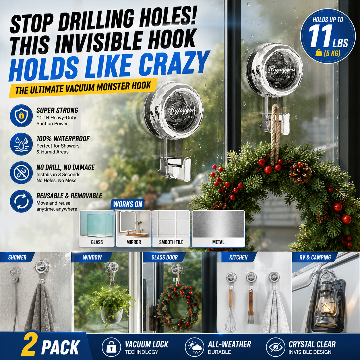 🔥2026 No-Drill Removable Suction Cup Hooks, Strong Stick-On Wall Hangers for Bathroom Shower, Glass Door, Mirror, Window & Tile, Ideal for Towels, Robes Storage and Holiday Festival Decorations-ZO
