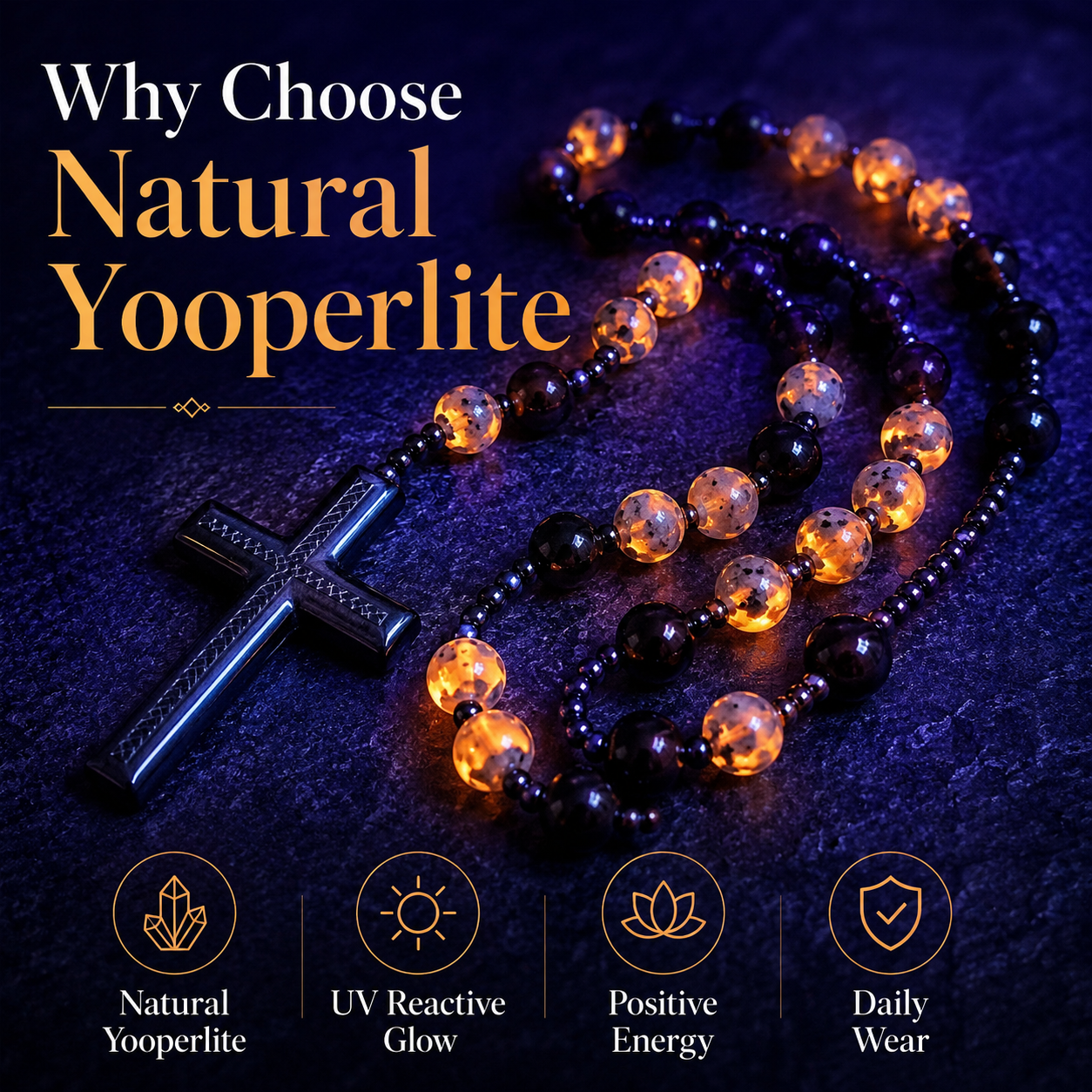 2026 New Model gmakeupo Natural Obsidian Yooperlite Rosary Necklace | UV Reactive Wealth & Protection Cross Necklace-HS