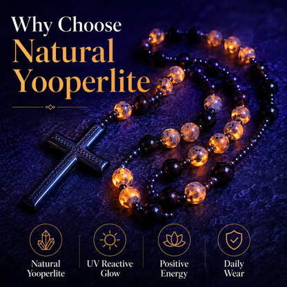 2026 New Model gmakeupo Natural Obsidian Yooperlite Rosary Necklace | UV Reactive Wealth & Protection Cross Necklace-HS