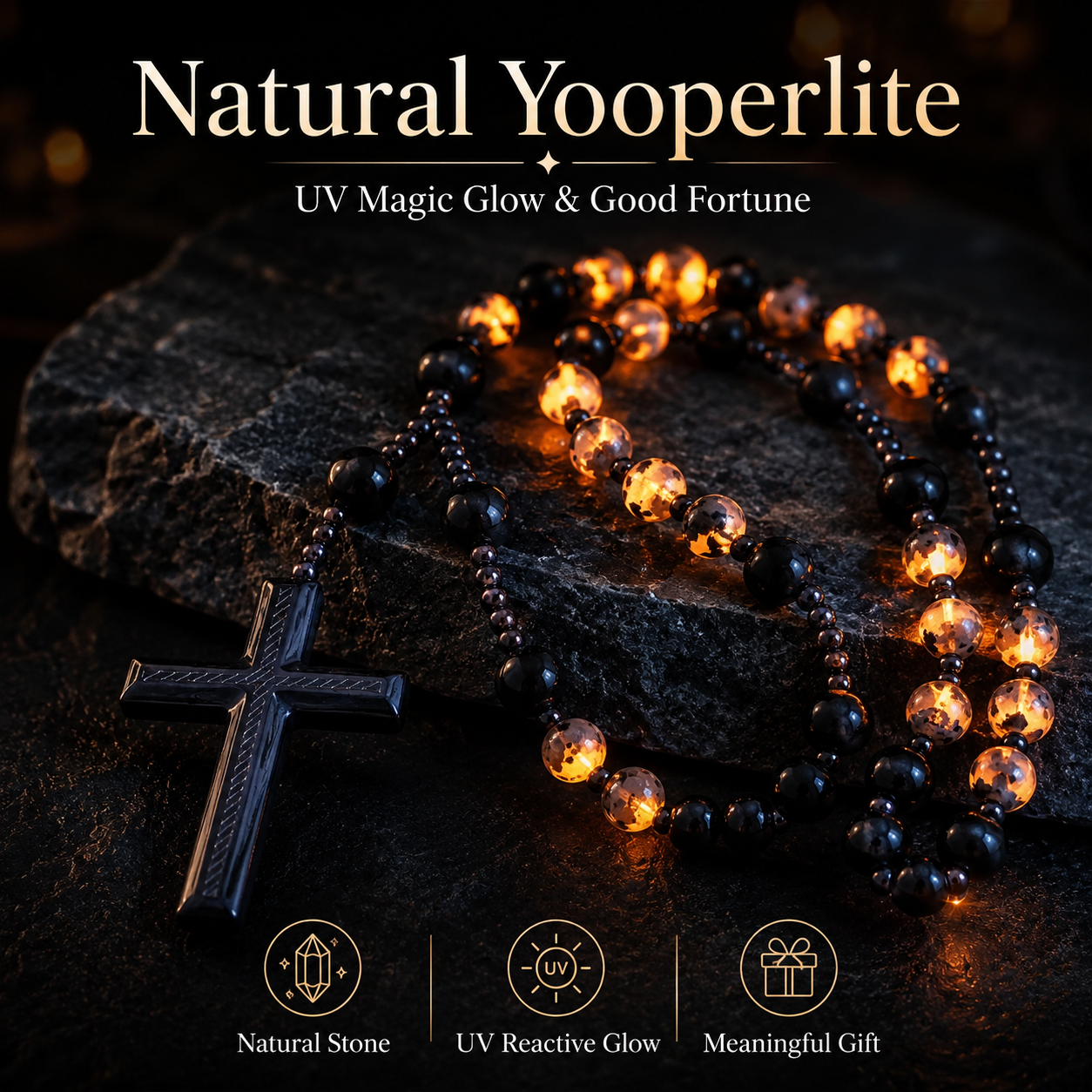 2026 New Model gmakeupo Natural Obsidian Yooperlite Rosary Necklace | UV Reactive Wealth & Protection Cross Necklace-HS