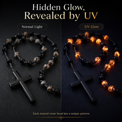 2026 New Model gmakeupo Natural Obsidian Yooperlite Rosary Necklace | UV Reactive Wealth & Protection Cross Necklace-HS