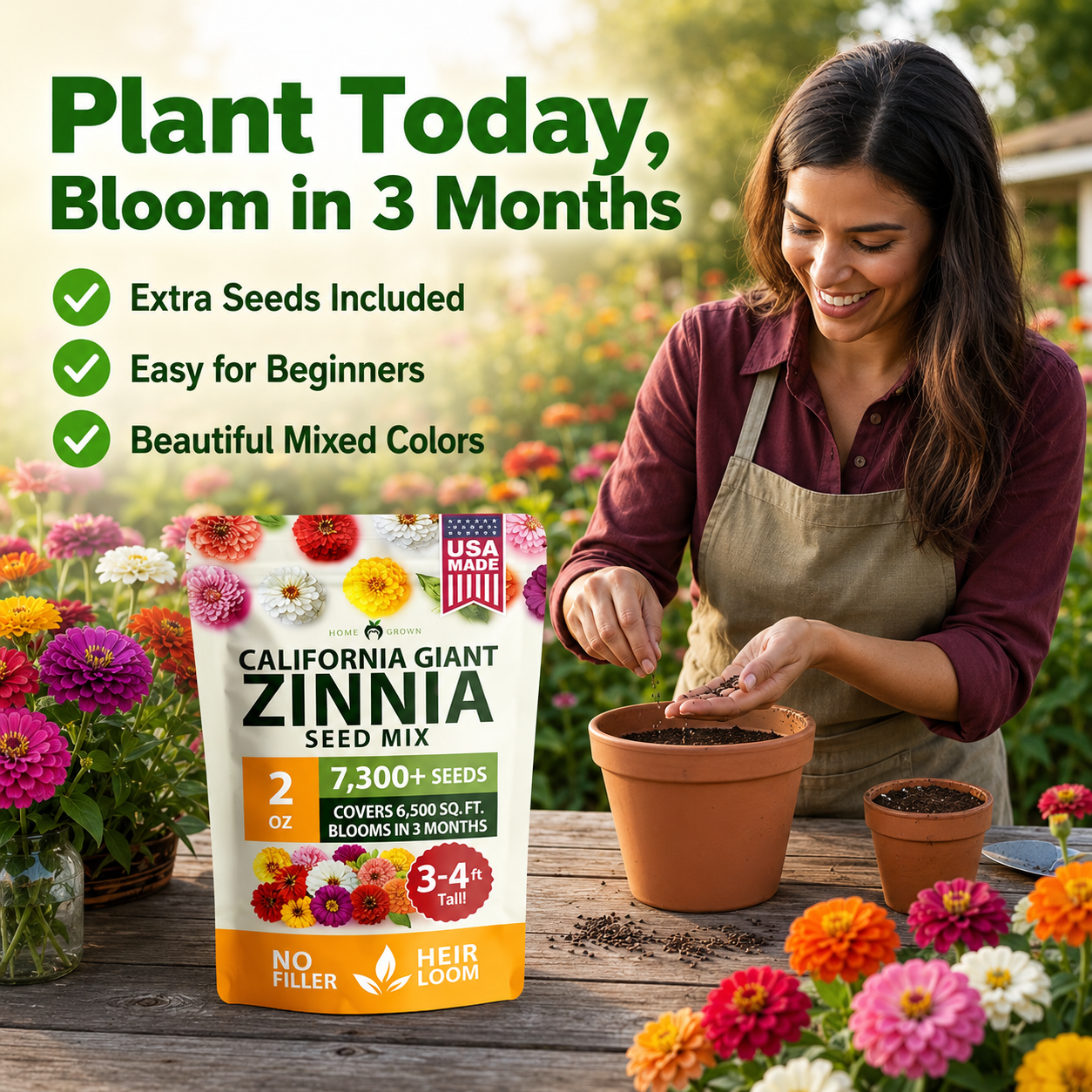 🌈🌻California Giant Zinnia Mix 🌸-🎨 Stunning Blend of 6 Vibrant Colors-HS