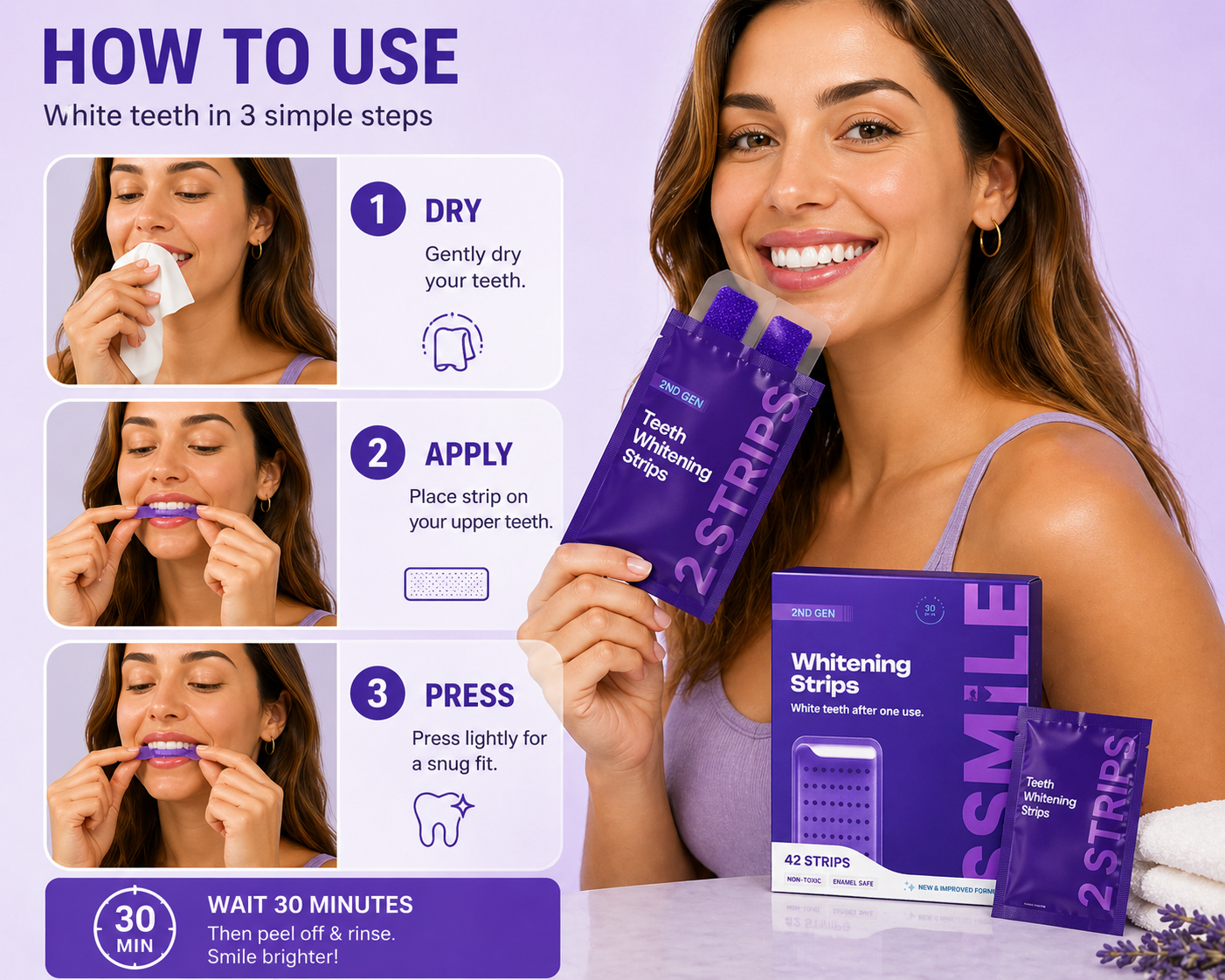 💜Purple Whitening Strips🦷，Instant Bright White Teeth✨，Remove Yellow Stains Fast-LUN