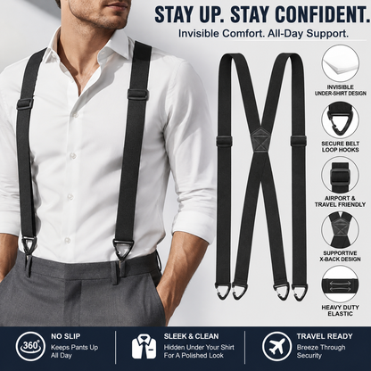 💪Hidden Suspenders for Men Under Clothing X Back Heavy Duty 1.5 Inch Elastic Straps with Belt Loop Hooks Airport Friendly-ZO