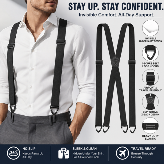 💪Hidden Suspenders for Men Under Clothing X Back Heavy Duty 1.5 Inch Elastic Straps with Belt Loop Hooks Airport Friendly-ZO