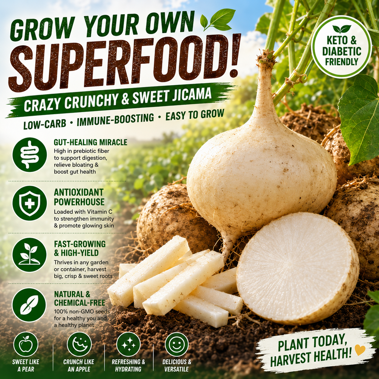 🌱Jicama Seeds for Planting – Crunchy Sweet Root Vegetable, Fast Growing Mexican Yam Bean for Indoor Outdoor Home Garden-ZO