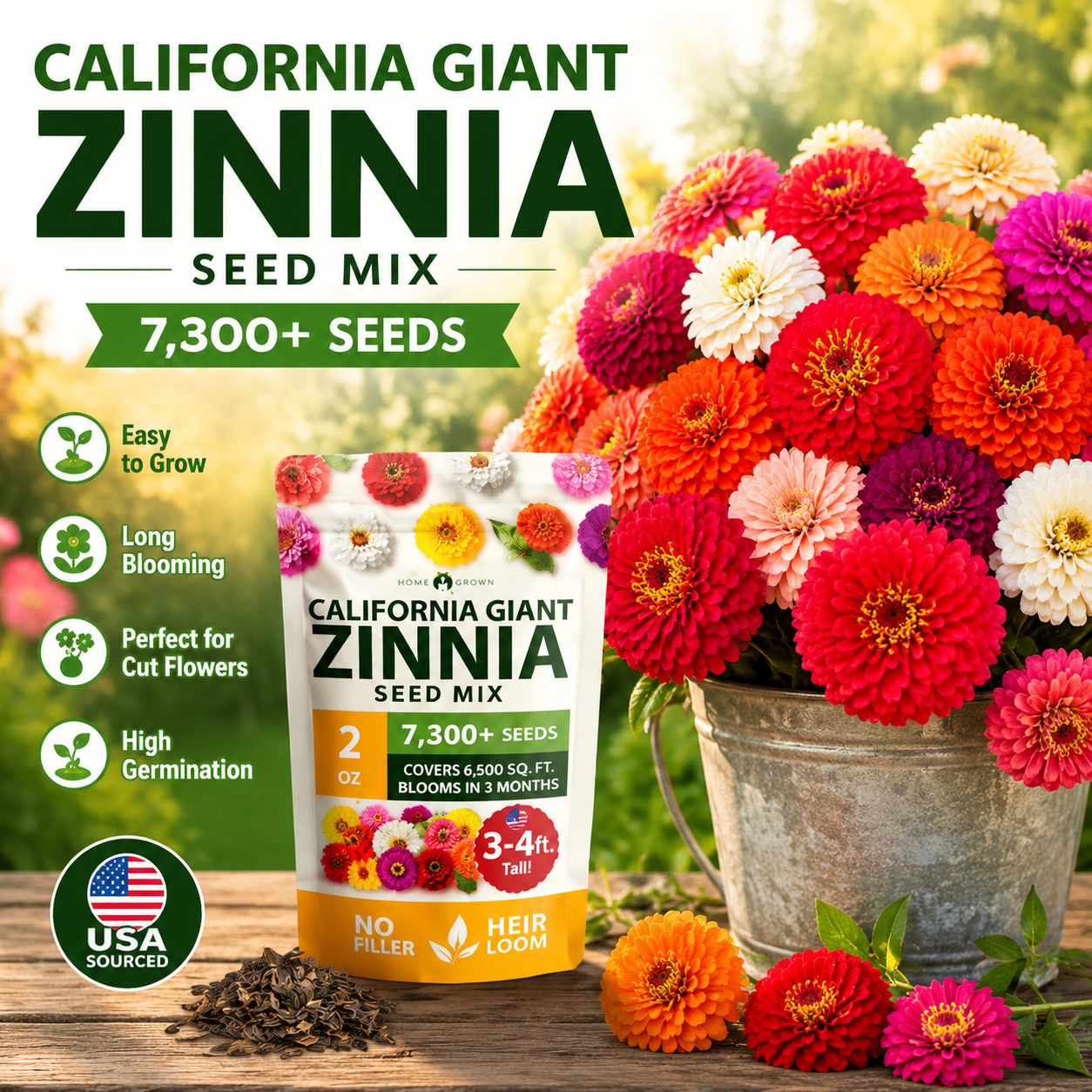 🌈🌻California Giant Zinnia Mix 🌸-🎨 Stunning Blend of 6 Vibrant Colors-HS