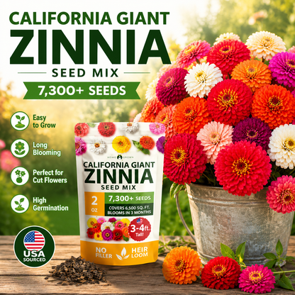 🌈🌻California Giant Zinnia Mix 🌸-🎨 Stunning Blend of 6 Vibrant Colors-HS