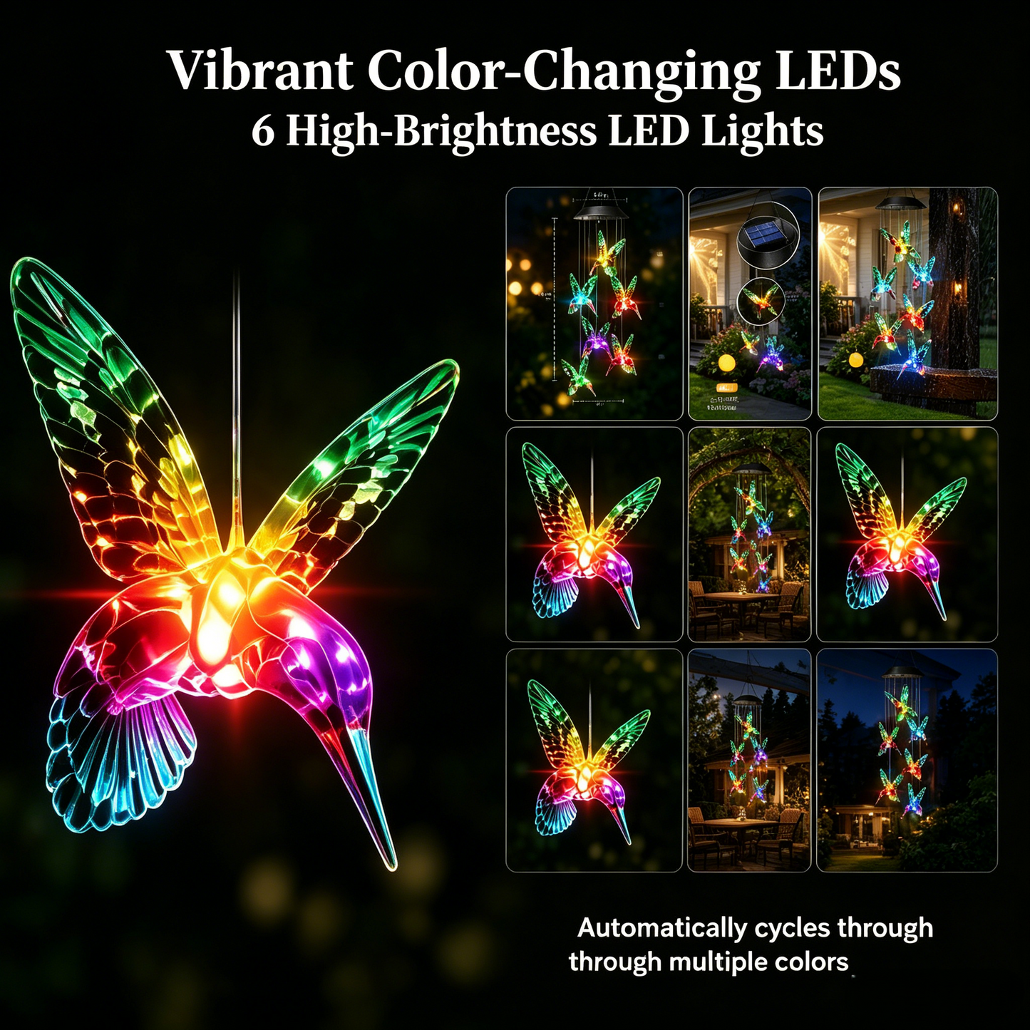 Butterfly & Sunbird Solar Wind Chime Light – Waterproof Outdoor Decor for Porch, Patio & Windowsill with Rainbow LED Glow-HS