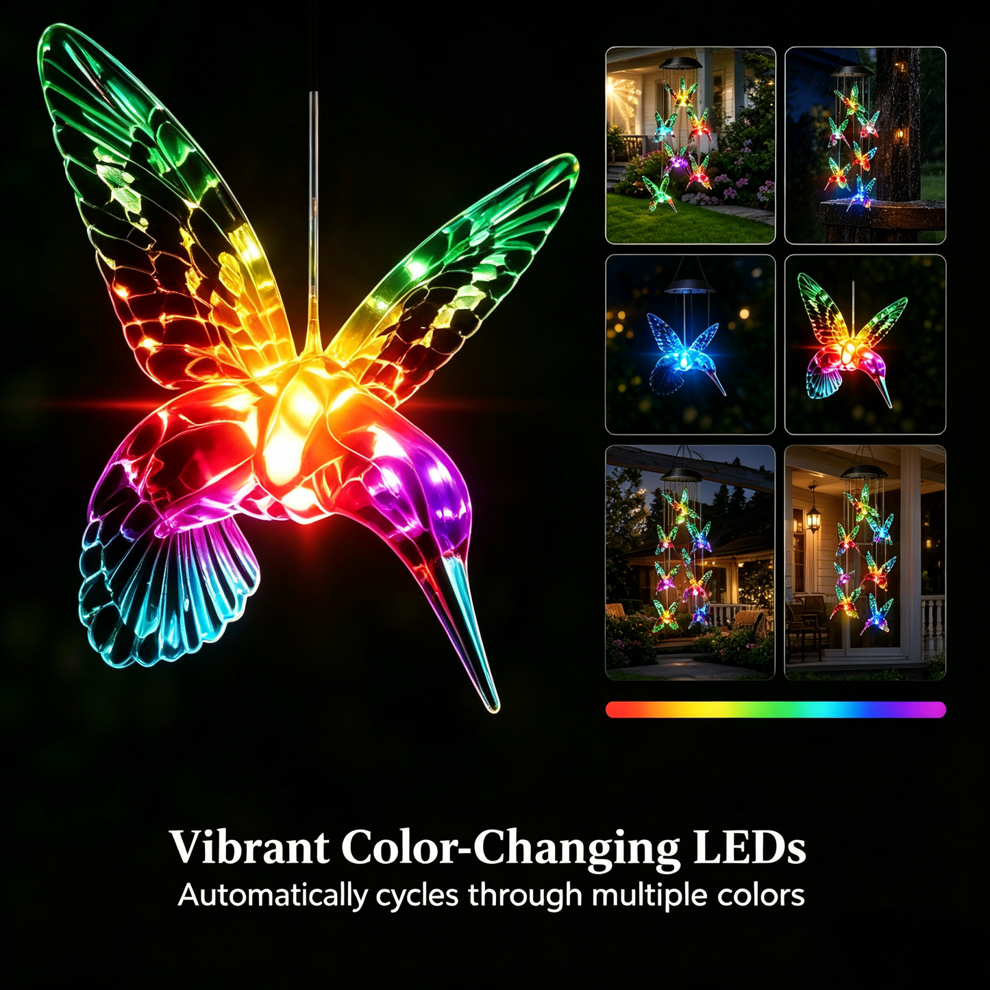 Butterfly & Sunbird Solar Wind Chime Light – Waterproof Outdoor Decor for Porch, Patio & Windowsill with Rainbow LED Glow-HS