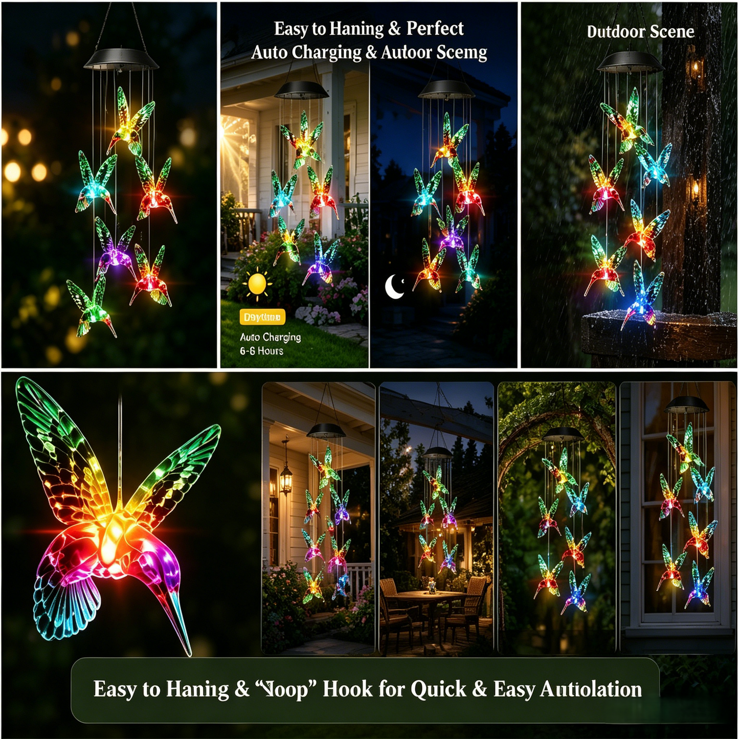 Butterfly & Sunbird Solar Wind Chime Light – Waterproof Outdoor Decor for Porch, Patio & Windowsill with Rainbow LED Glow-HS