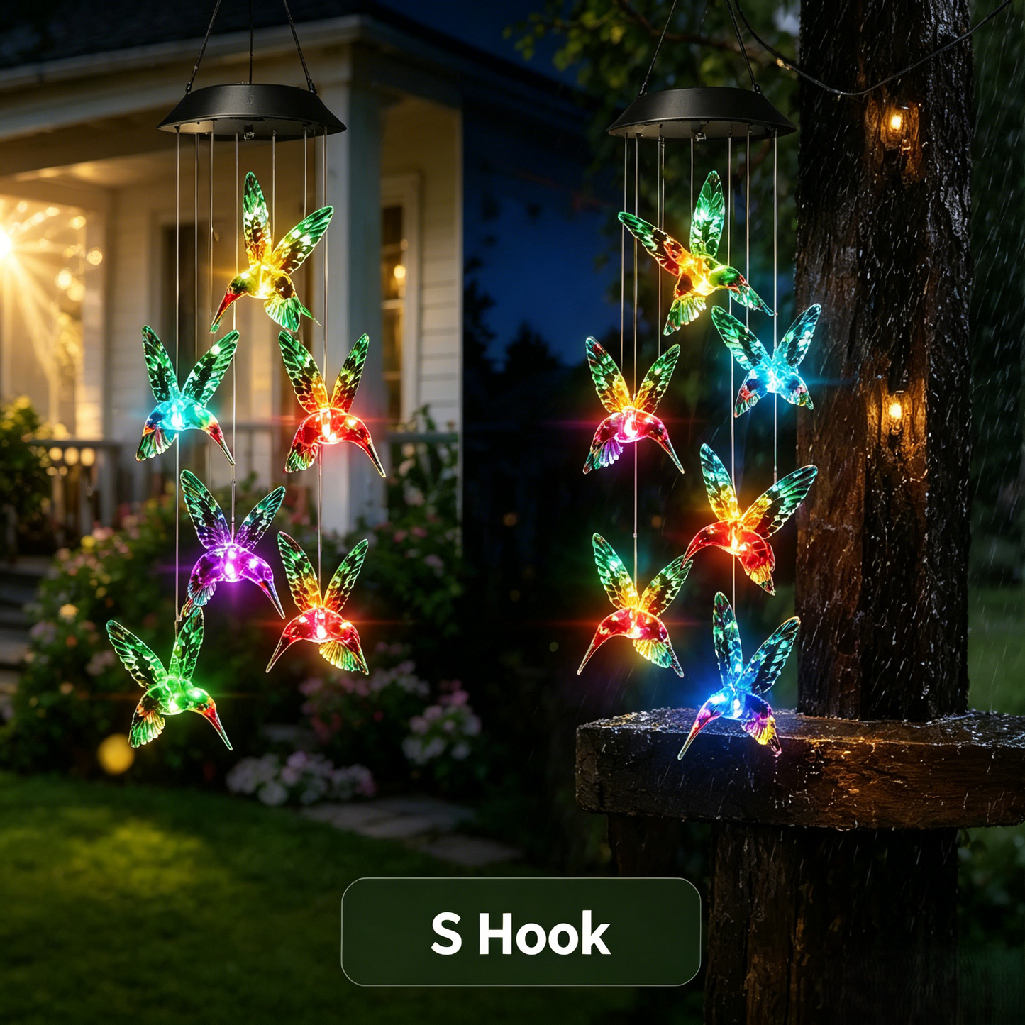 Butterfly & Sunbird Solar Wind Chime Light – Waterproof Outdoor Decor for Porch, Patio & Windowsill with Rainbow LED Glow-HS