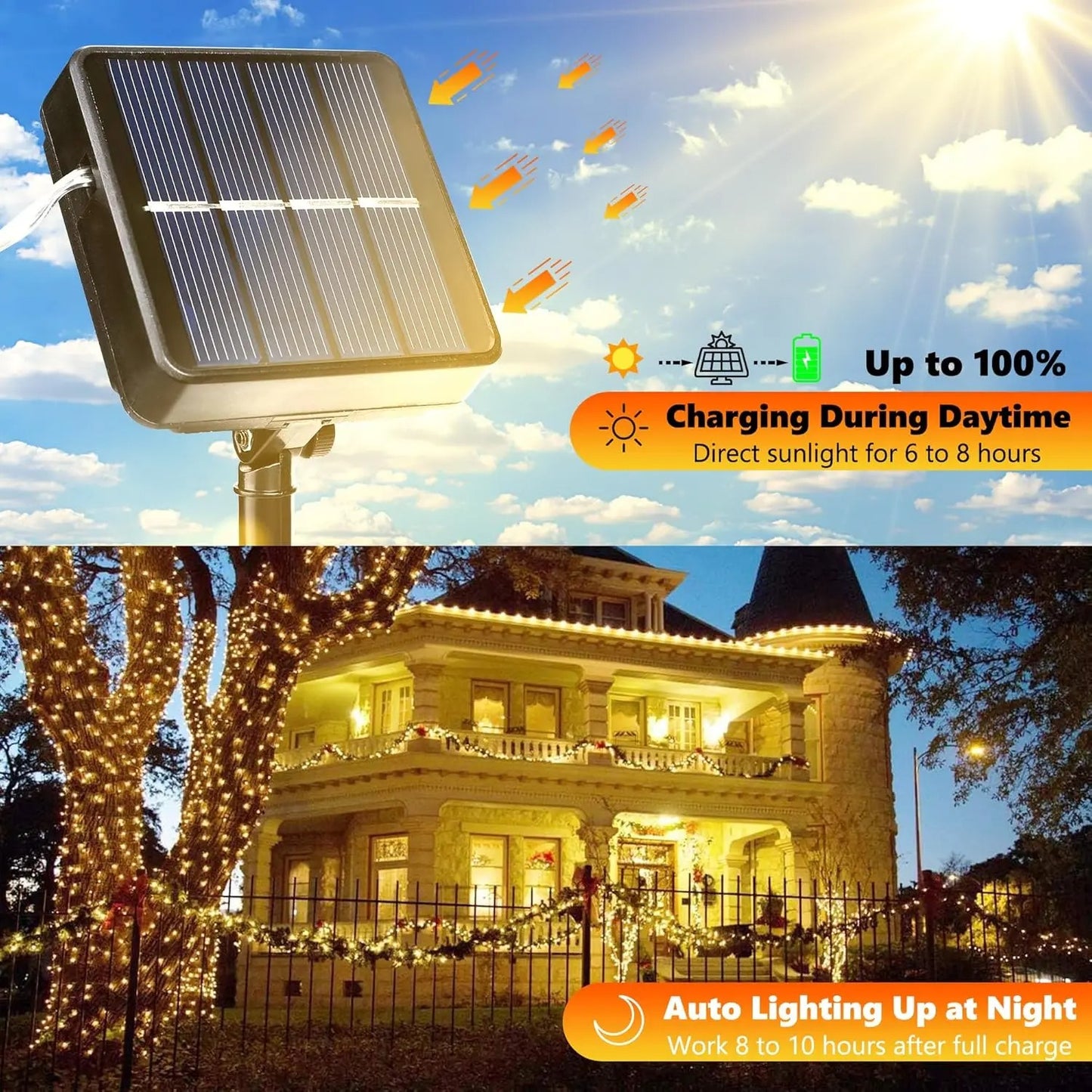 💡Solar light string, automatic charging during the day, foldable and easy to store, 8 Modes for Garden, Yard, Patio, Fence, Tree & Party Decor summervibes-ZO