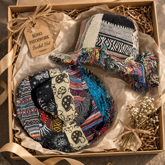 Hippie Haberdashery-🍄Sombrero Fedorahats de cáñamo con setas multicolor patchwork y bolsillo oculto🎩-HS