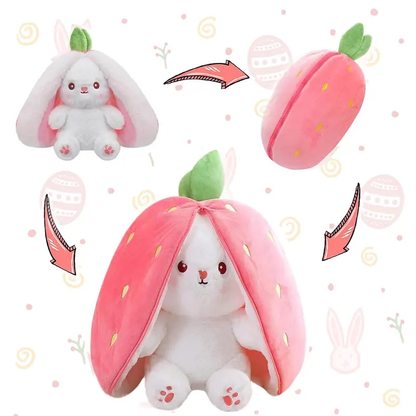 Animal de peluche de conejito, muñeca de peluche de conejito de fresa reversible con cremallera, bonitos juguetes de conejo suaves, almohada para niños y adultos, regalos de peluche de conejitos de Pascua-HS