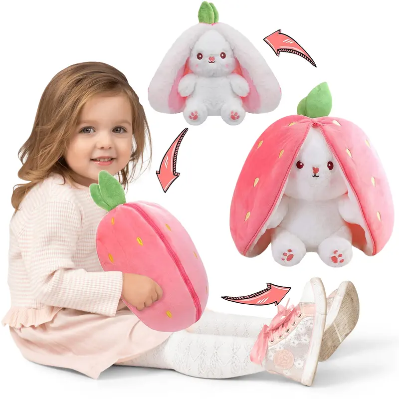 Animal de peluche de conejito, muñeca de peluche de conejito de fresa reversible con cremallera, bonitos juguetes de conejo suaves, almohada para niños y adultos, regalos de peluche de conejitos de Pascua-HS
