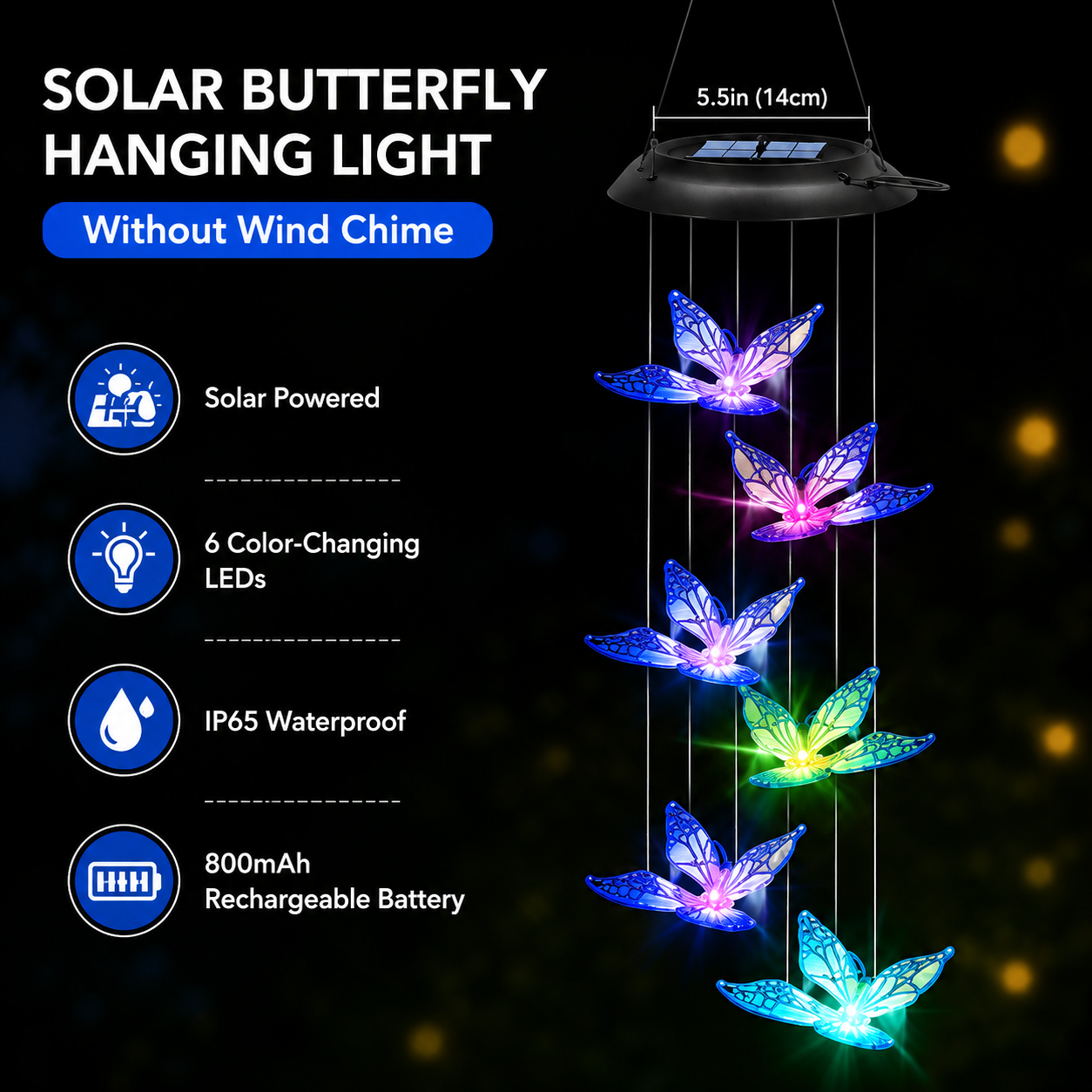Butterfly & Sunbird Solar Wind Chime Light – Waterproof Outdoor Decor for Porch, Patio & Windowsill with Rainbow LED Glow-HS