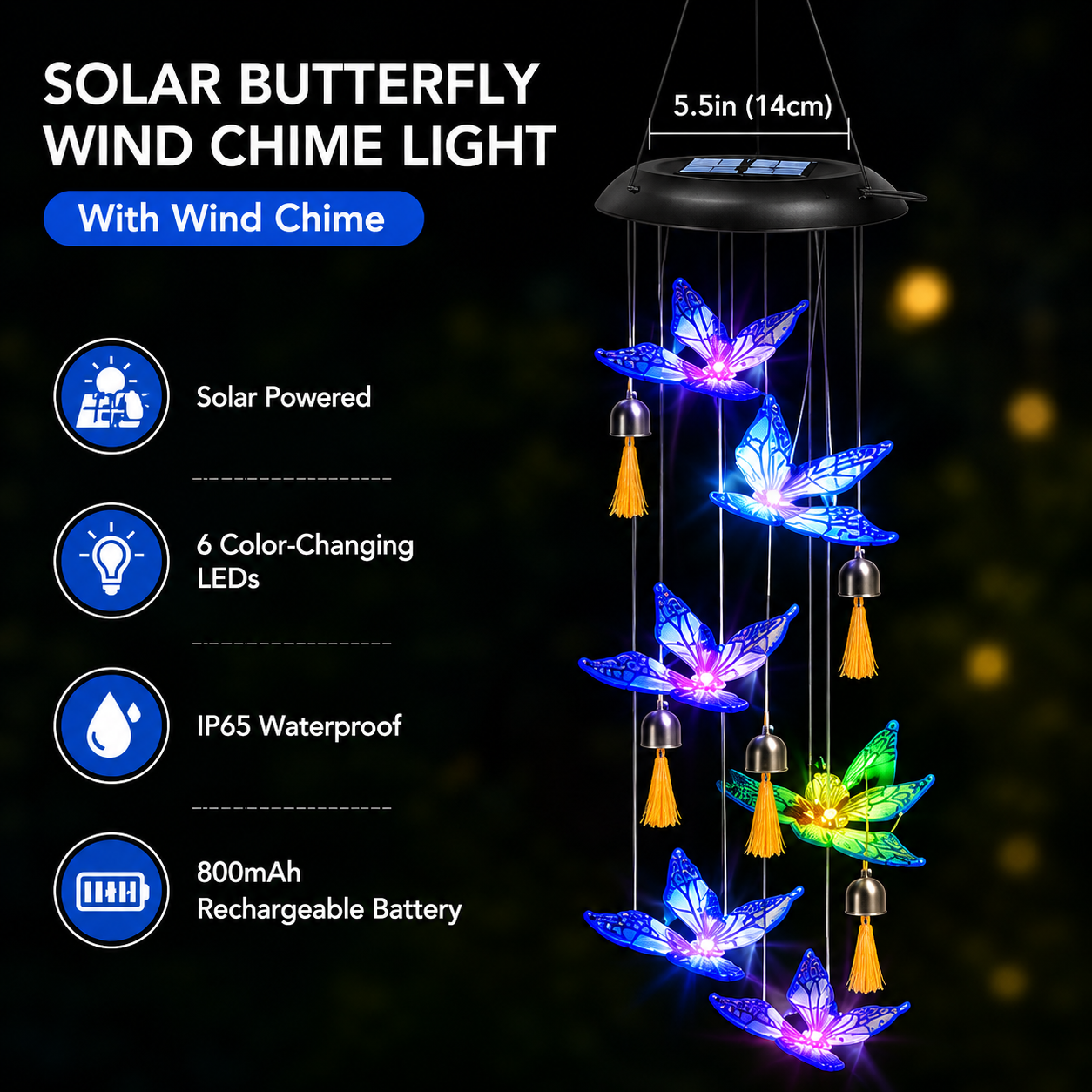 Butterfly & Sunbird Solar Wind Chime Light – Waterproof Outdoor Decor for Porch, Patio & Windowsill with Rainbow LED Glow-HS